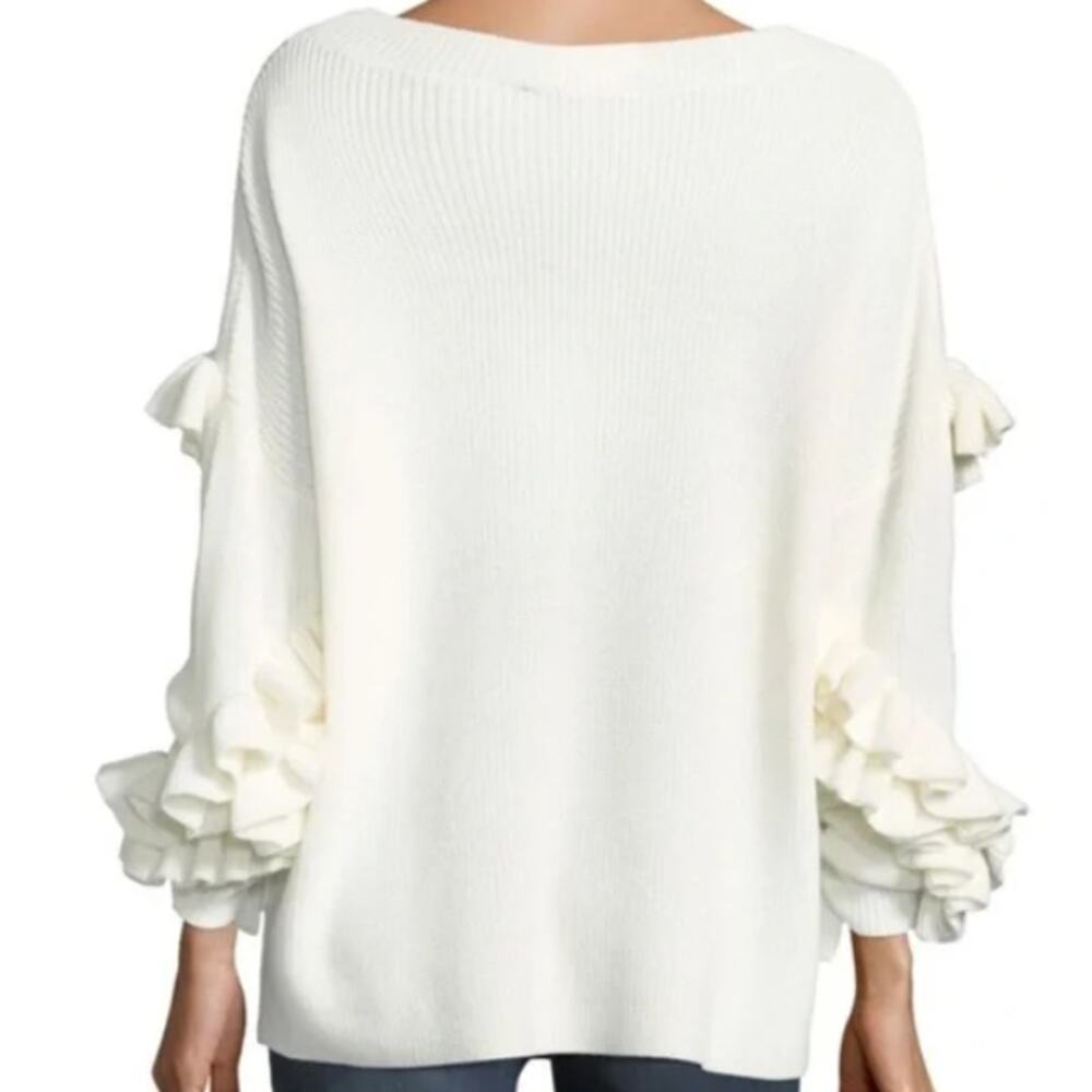 Frame Merino Wool Blend Sweater Women's Medium Cream Ruffle Ribbed Knit Dolman - Picture 2 of 10